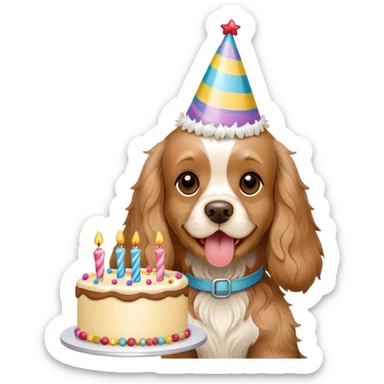 Fawn colored cocker spaniel holding a birthday cake sticker