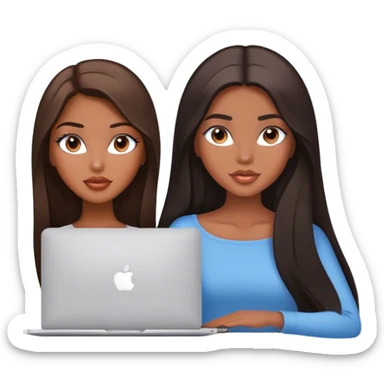 Glamours tanned very beautiful girl with pump natural peach lips and dark chocolate straight smooth long hair, blue-grey eyes with MacBook sticker