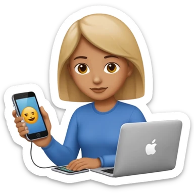 persona con el teléfono y la computadora al mismo tiempo, estilo emoji de Apple sticker
