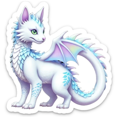 Kawaii white pastel iridescent beautiful pretty elegant divine edgy fantasy feline-vernid-sergal-Haku-dragon-fursona animal creature with a tufted tail full body with intricate markings  sticker