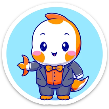 A super kawaii koi fish character with enormous cute eyes, blushing cheeks, bubbly playful expression, orange and white patterns, wearing a tiny business suit with bowtie sticker