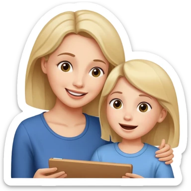 pleasanty surprised mother with child showing drawing sticker