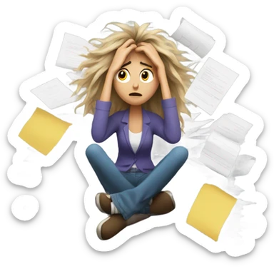Stressed woman, papers falling sticker