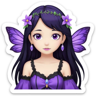 Gothic anime fairy with long beautiful black hair and purple dress, pastelcore, sticker