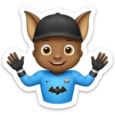 Cheeky little bat mascot for FC Rostov football club, wearing black goalkeeper cap like Lev Yashin, in yellow and blue team colors, mischievous expression, cute bat with big smile sticker