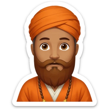 One astrologer sitting in orange color dress looking like a learned person, having beard sticker