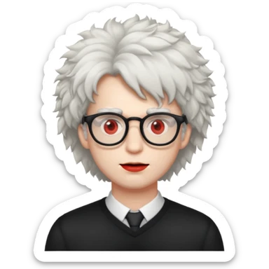 guy with fluffy hair , glasses and red eyes like from weed sticker