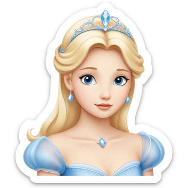 Cinematic Timeless Cinderella Portrait Emoji, rendered in a realistic, simplified vector style. Depict a classic Cinderella with delicate fair skin, beautifully styled blonde hair, and a calm, content expression, dressed in her iconic gown. The design is highlighted by a soft glowing outline and gentle, enchanting luminosity, capturing the essence of pure fairy-tale elegance. sticker
