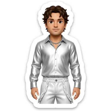 Howie Dorough from Backstreet Boys with brown eyes, dark brown hair, white metallic shirt, white metallic baggy pants, silver necklace sticker