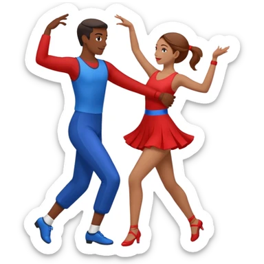 two people dancing together, one wearing red and one wearing blue sticker