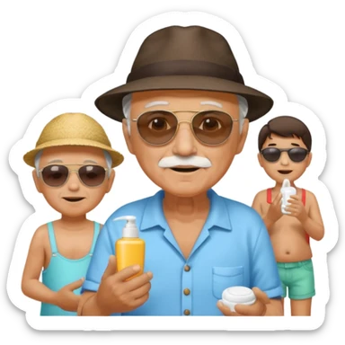 Old man on island with lotion and kids sticker