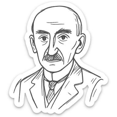 a hand drawn black outline portrait of philosopher Henri Bergson with similar-sized eyes based a famous photograph of him sticker