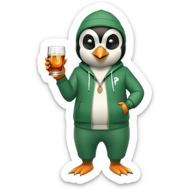 full body friendly anthropomorphised penguin wearing green mafia-style tracksuit, angry confident scheming stance, holding glass of whiskey sticker