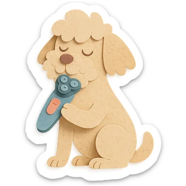 soft pastel electric shaver dog brushing its fuzzy face, creamy beige tones, full-body sticker