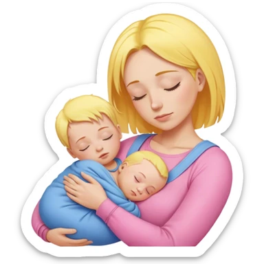 Mother holding baby, mother with yellow hair and pink clothes, baby in blue clothes is sleeping sticker