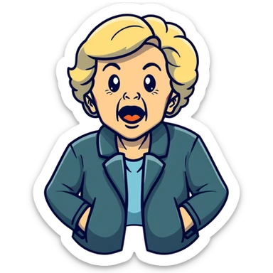 mean Karen, old yelling lady with blonde hair and a jacket sticker