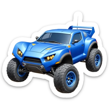 Satan’s (post race) ultra blue wide body Dirty and dented Local Motors Rally Fighter off road race car hot rod flying turning a tight corner (silver wheels) sticker