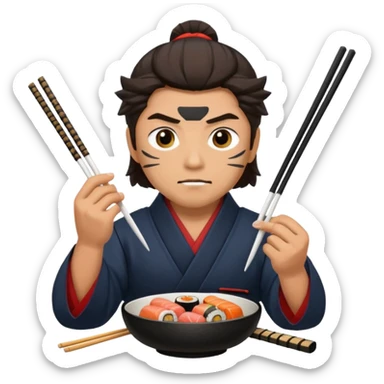 Man with wide eyes eating sushi in a samurai outfit wide eyes sticker