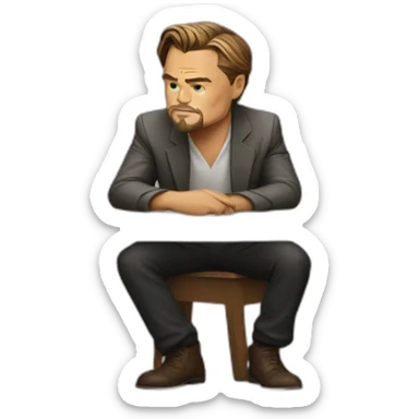 Leonardo DiCaprio sitting on the table and thing about the problem sticker