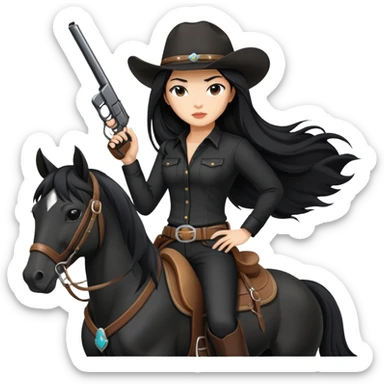 confident Asian woman with long black hair wearing black outfit riding a horse cowgirl style with a pistol sticker
