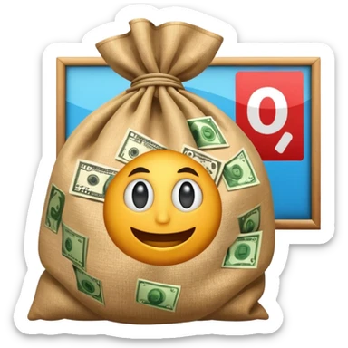 a sack of money in front of a billboard advertisement sticker