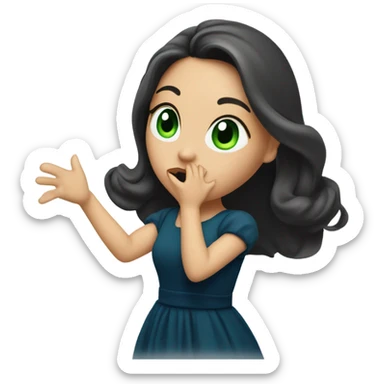 a brunette with long hair and green eyes and in a dark blue dress sends an air kiss sticker