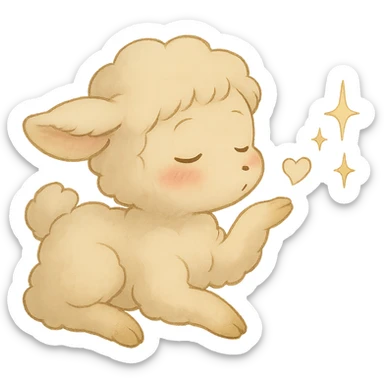 Make the vanilla-colored cloud doe appear to be sleeping, with rosy cheeks, blowing a kiss with sparkles, soft Ghibli style, with no background. sticker