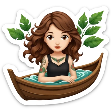 cute woman long wavy brown hair tattoos floating on leaf boat sticker