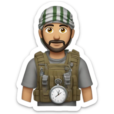 arab man wearing a keffiyeh and a plate carrier with wires in pockets and a small analog clock sticker