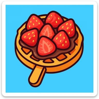 Transform the waffle on a stick with chocolate and strawberries into a vibrant and playful cartoon 3D effect with a soft 3D look and bold outlines, emphasizing bright colors and a fun style. sticker