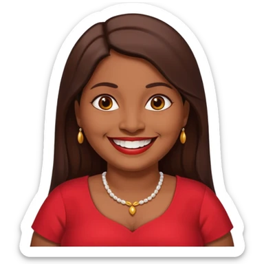 50 yr old chubby Sri Lankan woman, dark skin, straight brown hair, big smile, white teeth, red dress clothes, longer hair straight sticker