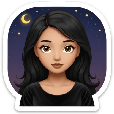 She has round head with oversized glossy eyes that dominate her face, giving her a dreamy expression. Her eyes are a warm brown with long lashes. She has light brown skin. Long jet black hair. She’s wearing a dark dress sticker