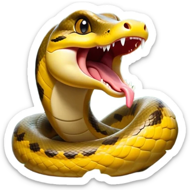 Cinematic Cute Yawning Anaconda Portrait Emoji, Head tilted slightly with a dramatic, wide-open yawn, showcasing a sinuous, scaled form with half-closed, drowsy eyes and an open, relaxed mouth, Simplified yet irresistibly adorable features, highly detailed, glowing with a soft, cozy jungle glow, high shine, relaxed yet expressive, stylized with a dash of whimsical reptilian charm, soft glowing outline, capturing the essence of a drowsy yet affectionate anaconda that appears ready to stretch out for a nap! sticker