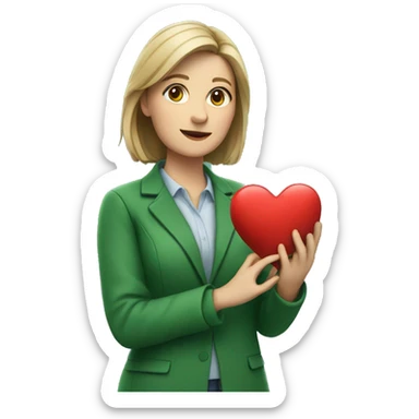 A European female teacher in a green jacket holds a heart in her hands sticker