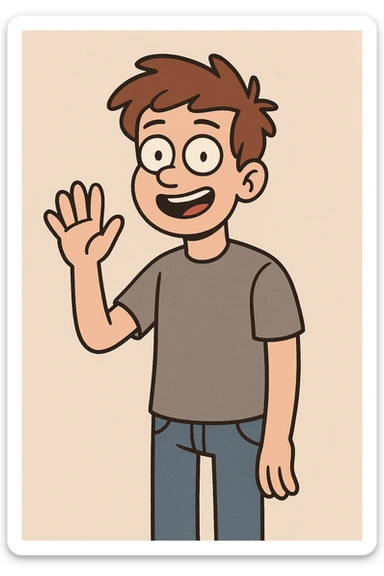 A boy grey shirt blue jeans a hand say hello  sticker