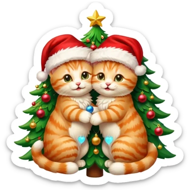 two hugging cream happy fluffy cute smiling kittens with Santa hats by a colorful multicolored brightly lit up Christmas tree sticker