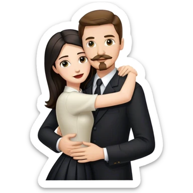tall white man with brown hair goatee mustache hugging a pale woman with long black hair, wearing formal clothing sticker