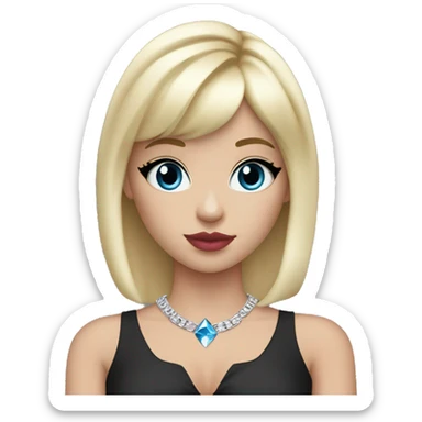 Blonde hair with bangs, blue eyes, girl, pink lips, black eyeliner, red blush on cheeks and nose, pink eyeshadow, black shirt with lower arms shown shoulder, silver necklace with little blue diamond, holding little white pipe in one hand sticker
