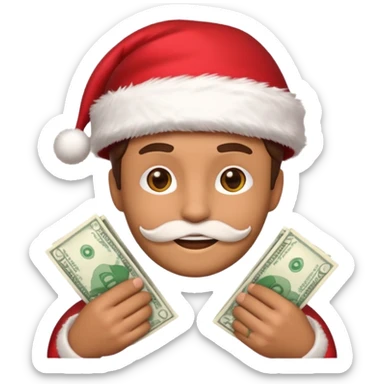 A confident rich emoji face wearing a Santa hat, money stacks, casino vibe, New Year theme, premium 3D emoji style, sharp details, no text, isolated on transparent background sticker