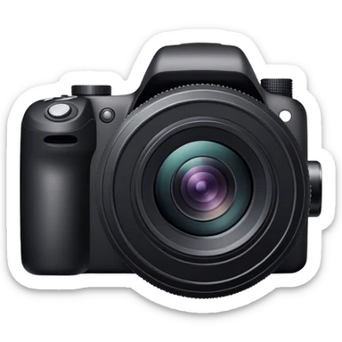 Photography icon, black camera with large lens, camera in focus, minimalistic style, clean lines, transparent background. sticker