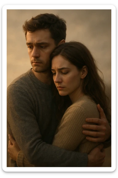 Vertical format: couple embracing but with thoughtful faces, blurred background, atmosphere of uncertainty but with warm light suggesting possibility of reconciliation, emotional and tender sticker