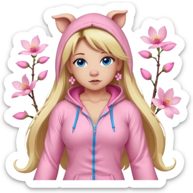 sexy and muscled, full body, in pink kegurumi pijamas, pig hood, sexy woman, long blond hair, beautiful blue eyes, makeup, earrings, muscled, surrounded by pink flowers and sakura petals sticker