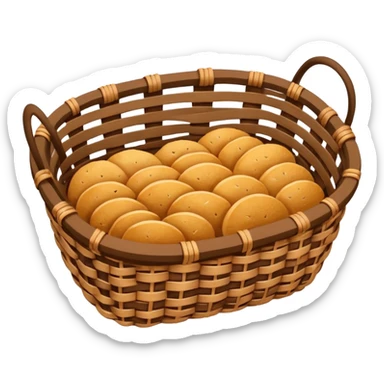 top-down view of a nearly empty wicker bread basket with a few crumbs inside, symbolizing depleted carbohydrates, bold lines, flat colors with gentle gradients, emoji style sticker