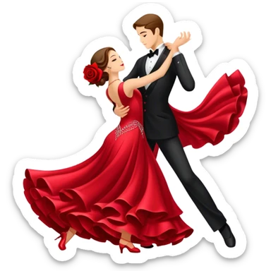 humanless Icon for Ballroom Dancing: a pair of ballroom dance shoes, a rose, a dance floor, a flowing, voluminous ballroom dress in motion, and a shining spotlight. The icon should represent the elegance and atmosphere of ballroom dancing, focusing on the attire and setting. Transparent background. sticker