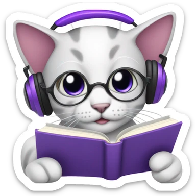 Cat with purple headphones reading a book sticker