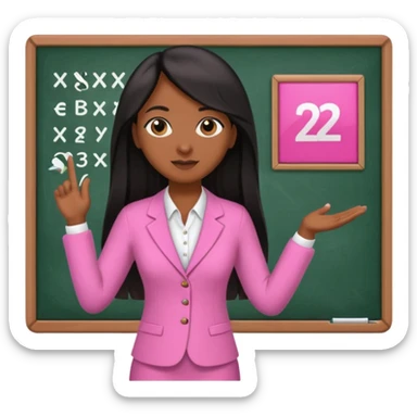 a brown skin teacher with hair with black straight long hair wearing pink not hot pink 2 piece set teaching up on a board the board  sticker