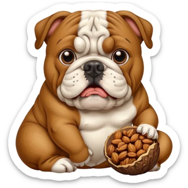 A bulldog pooping on a nut sticker
