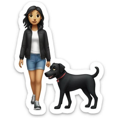 Girl walk with a black dog with white Chest sticker