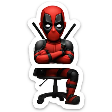 Cute Deadpool sitting at a desk, front view sticker