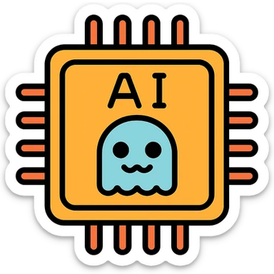 color outline icon of an AI chip with a friendly face, cool and a bit spooky sticker